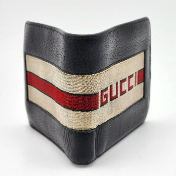 GUCCI Men's Bifold Wallet-Logo Stripe Web Black Leather - Picture 1 of 17